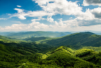 Southern panorama view from Jaraba skala mountain in Bukove hory mountains on Slovakia Poland border. Bieszczady Mountains