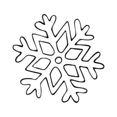 Thin line doodle snowflake. Ice crystal hand drawn. Vector of frosty pattern. Winter snow ornament. Christmas illustration isolated on white background.