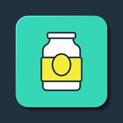 Filled outline Jam jar icon isolated on blue background. Turquoise square button. Vector