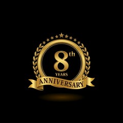 8th golden anniversary logo with ring and ribbon, laurel wreath vector design. EPS 10