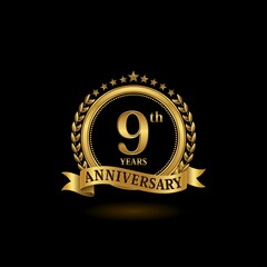 Naklejka premium 9th golden anniversary logo with ring and ribbon, laurel wreath vector design. EPS 10