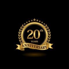 20th golden anniversary logo with ring and ribbon, laurel wreath vector design. EPS 10