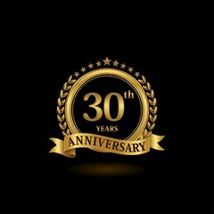 30th golden anniversary logo with ring and ribbon, laurel wreath vector design. EPS 10