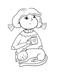Coloring book page with girl and cat. Christmas winter coloring page for kids.