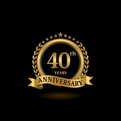 40th golden anniversary logo with ring and ribbon, laurel wreath vector design. EPS 10