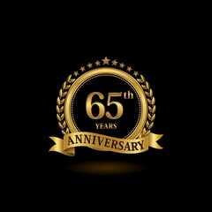 Naklejka premium 65th golden anniversary logo with ring and ribbon, laurel wreath vector design. EPS 10