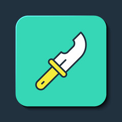 Filled outline Hunter knife icon isolated on blue background. Army knife. Turquoise square button. Vector
