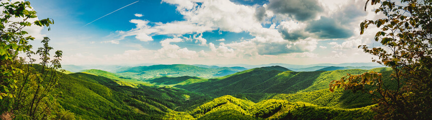 Southern panorama view from Jaraba skala mountain in Bukove hory mountains on Slovakia Poland border. Bieszczady Mountains