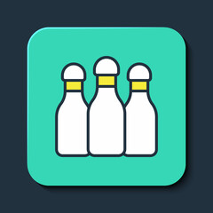 Filled outline Bowling pin icon isolated on blue background. Turquoise square button. Vector