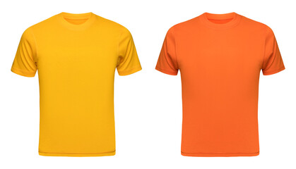 Yellow T-shirt template men isolated on white. Orange tee shirt blank as design mockup. Front view - obrazy, fototapety, plakaty