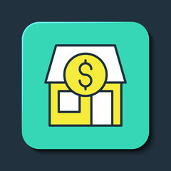 Filled outline Shopping building or market store icon isolated on blue background. Shop construction. Turquoise square button. Vector