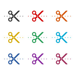 Scissors with cut line icon isolated on white background, color set