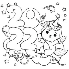 Happy new year coloring book with cute unicorn
