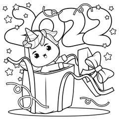 Happy new year coloring book with cute unicorn