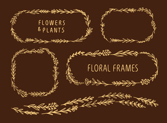 Floral leaf wreath. Frames of flowers and plants set for wedding, valentines day, birthday cards, invitations