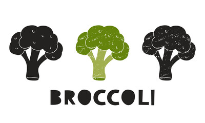 Broccoli, silhouette icons set with lettering. Imitation of stamp, print with scuffs. Simple black shape and color vector illustration. Hand drawn isolated elements on white background