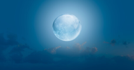 Fototapeta na wymiar Full glass moon (or crystal ball moon) rising over empty sea with beach at night 