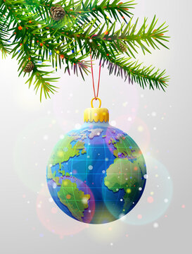 Christmas tree branch with decorative bauble of globe. Earth planet ball hanging on pine twig as christmas ornament. Vector image for christmas, travel, new years day, geography, decoration, tourism