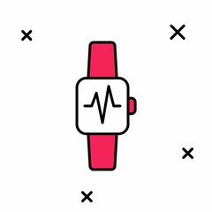 Filled outline Smart watch showing heart beat rate icon isolated on white background. Fitness App concept. Vector