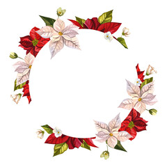 Christmas flower poinsettia. A wreath of red and white flowers. Watercolor illustrations on an isolated white background. Round format. Template for the design of cards, posters, invitations, flyers.