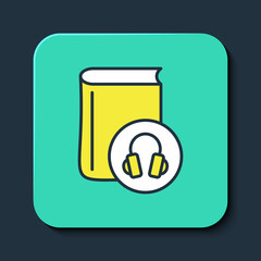 Filled outline Audio book icon isolated on blue background. Book with headphones. Audio guide sign. Online learning concept. Turquoise square button. Vector