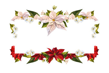Christmas flower poinsettia. Watercolor illustrations on an isolated white background. Horizontal banner. Template for the design of cards, posters, invitations, flyers.