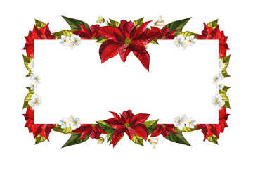 Christmas flower poinsettia. Watercolor illustrations on an isolated white background. Horizontal banner from red flowers with greenery. Template for the design of cards, posters, invitations, flyers.