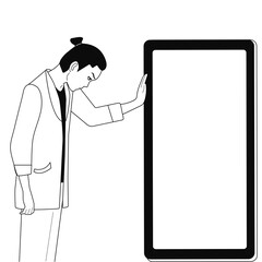 Black and white vector illustration hand drawing line. Sad guy with a phone.