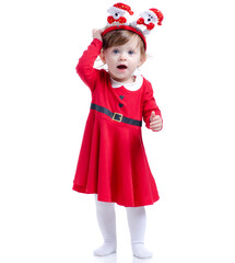 Christmas baby girl standing smiling happiness looking on white background isolation