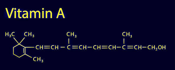 Graphic chemical formula vitamin A. Isolated vector image, neon text. Bioinformatics, biochemistry, vitaminology, nutritionology, dietetics. Nutrition science. Design of a popular science text.