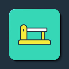 Filled outline Railway barrier icon isolated on blue background. Turquoise square button. Vector