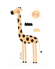 Fototapeta na wymiar Simple Hand Drawn Vector Illustrations with Cute Dreamy Giraffe. Infantile Style Nursery Vector Print ideal for Wall Art, Poster, Card, Safari Party. Funny Giraffe and Happy Sun on a White Background.