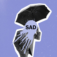 Contemporary art collage of sad man walking under umbrella isolated over purple background. Depression