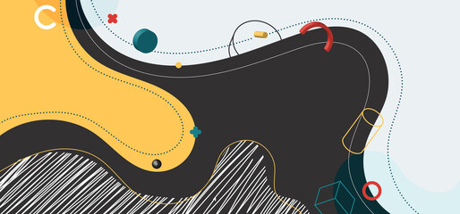 Abstract trendy organic shape composition amorphous forms and lines with 3d geometric elements on white background