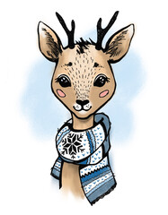 Illustration with cute Christmas deer in a scarf. Greeting card for Merry Christmas and Happy New Year.
