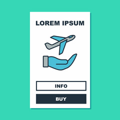 Filled outline Plane in hand icon isolated on turquoise background. Flying airplane. Airliner insurance. Security, safety, protection, protect concept. Vector