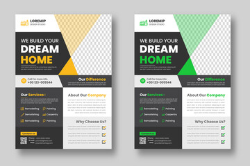 Construction Business Flyer Template with yellow and green color, Corporate construction tools flyer design,  home improvement flyer template, home repair flyer.