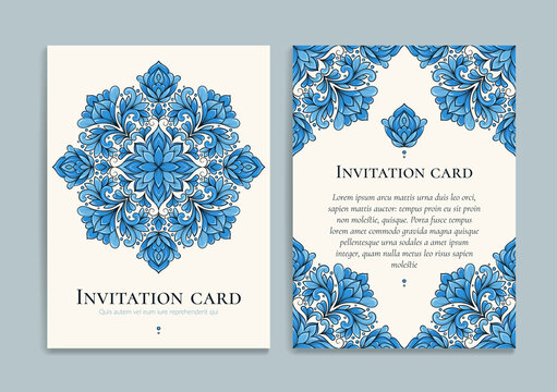 Blue and white invitation card design with vector mandala pattern. Vintage ornament template. Can be used for background and wallpaper. Elegant and classic vector elements great for decoration.