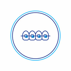 Filled outline Teeth with braces icon isolated on white background. Alignment of bite of teeth, dental row with with braces. Dental concept. Vector