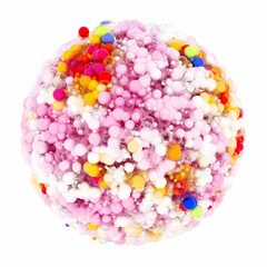 Fototapeta na wymiar 3d render of abstract festive 3d big sphere based on small balls bubbles particles in red blue yellow orange and pink color on isolated white background