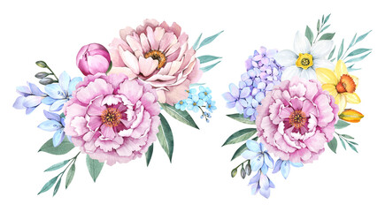 Spring bouquet on a white background. Peonies, daffodils, leaves. Watercolor illustration.