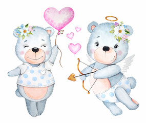 Cute teddy bears for Valentine's Day. Cartoon bears on a white background. Watercolor illustration.