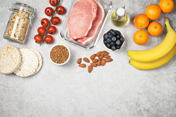 Diet food. Various ingredients with low fodmap content. Therapeutic diet. Top view, copy space