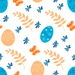 Seamless Easter-themed pattern with eggs and flowers.