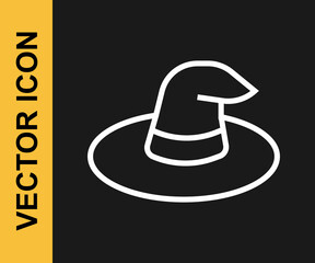 White line Witch hat icon isolated on black background. Happy Halloween party. Vector