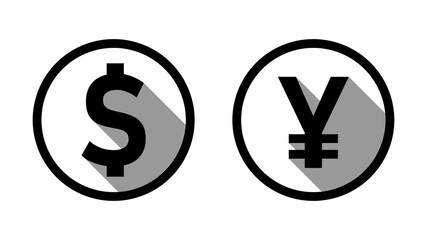 US Dollar Japanese Yen or Chinese Yuan Exchange Rate Currency Sign or Icon Set with a Coin Style Design and 3D Shadow Effect. Vector Image.