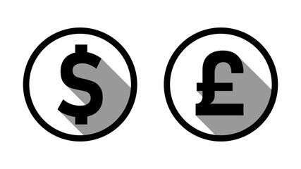 US Dollar British Pound or Sterling  Exchange Rate Currency Sign or Icon Set with a Coin Style Design and 3D Shadow Effect. Vector Image.