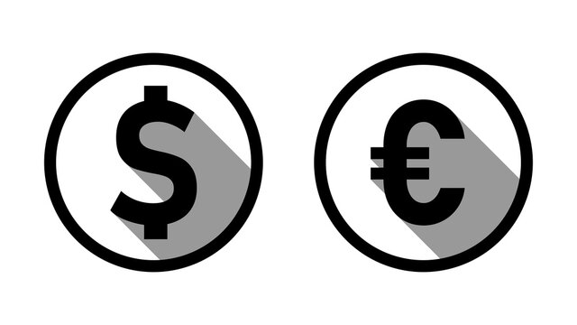 US Dollar Euro Exchange Currency Sign or Icon Set with a Coin Style Design and 3D Shadow Effect. Vector Image.