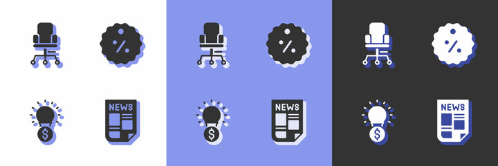 Set News, Office chair, Light bulb with dollar and Discount percent tag icon. Vector