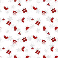 Christmas object silhouette repeat pattern in red color on flat white color background. Christmas object seamless pattern.
